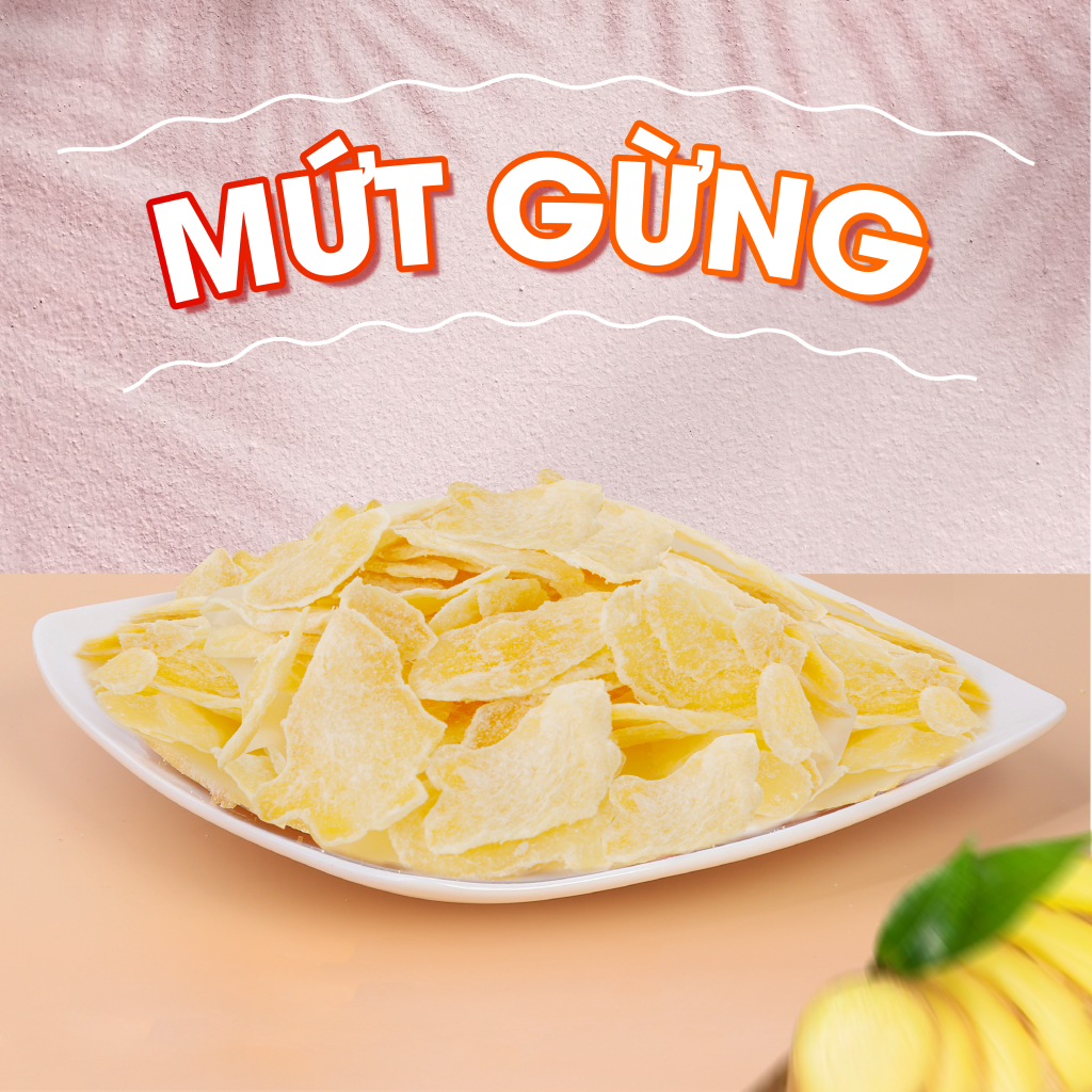 Mứt gừng Hồng Lam. Dạng túi (200gr, 500gr), hộp (200gr). Có vị ngọt, cay dịu của gừng