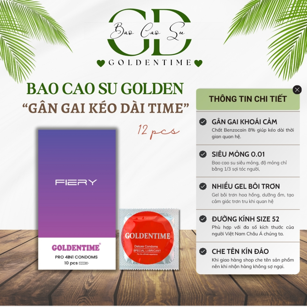 Bao cao su Gân gai GOLDENTIME Fiery 4in1 Siêu mỏng Nhiều gel Kéo dài thời gian Hương vani Size 52mm