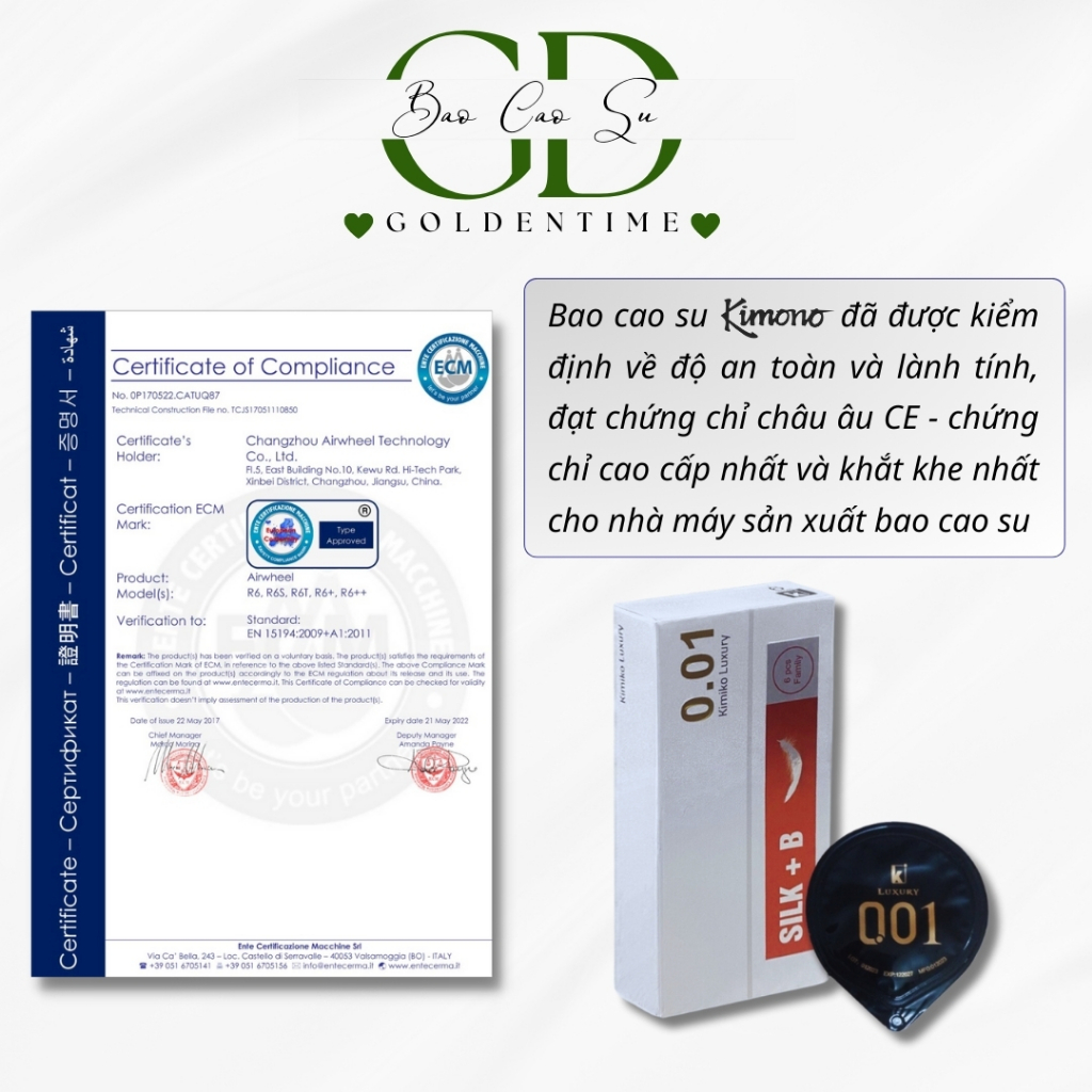 Bao cao su 0.01 Kimono siêu mỏng, Kimiko Luxury kéo dài thời gian nhiều gel bôi trơn size 52mm, hộp 6 cái bcs