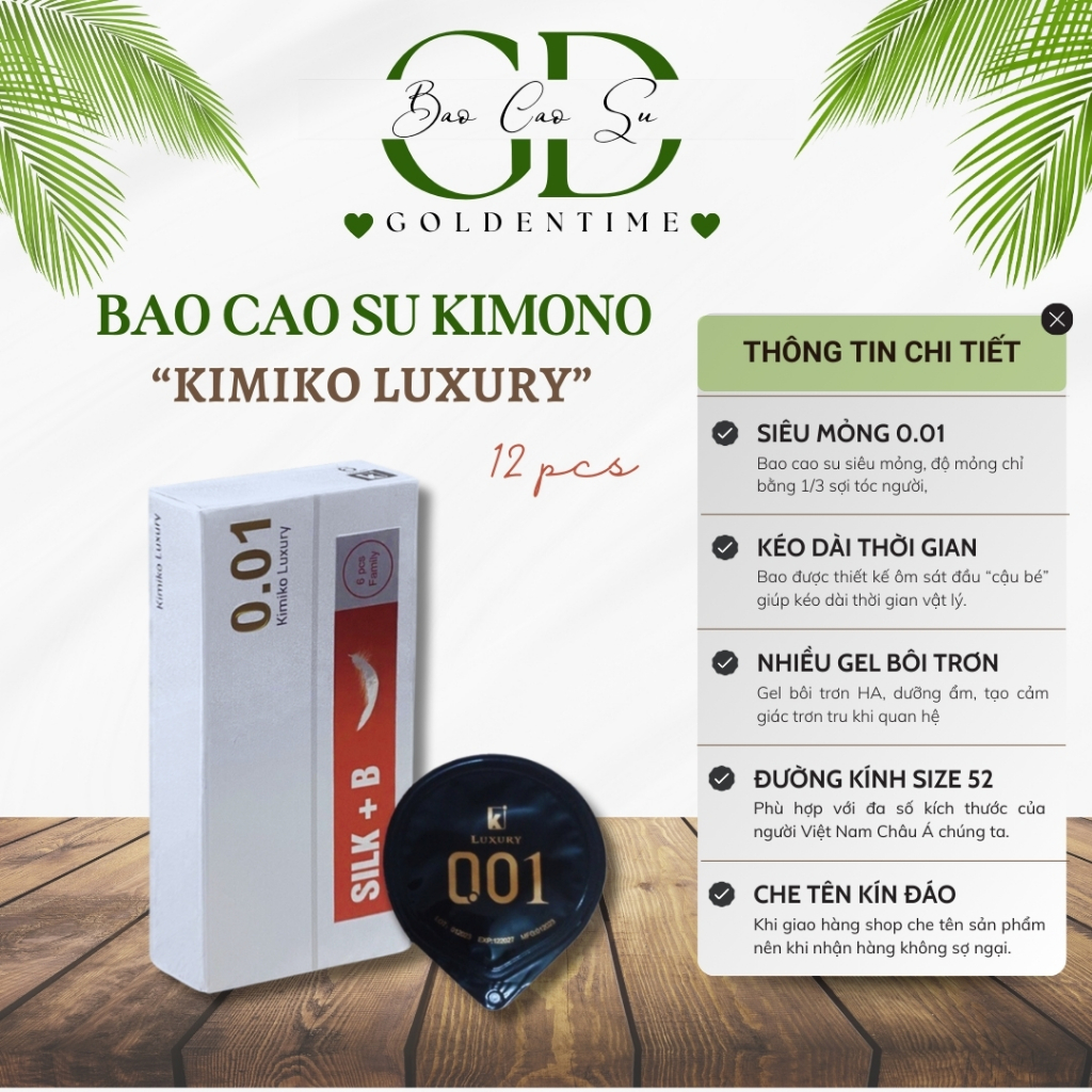 Bao cao su 0.01 Kimono siêu mỏng, Kimiko Luxury kéo dài thời gian nhiều gel bôi trơn size 52mm, hộp 6 cái bcs