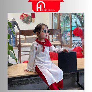 Set áo dài lụa gấm kèm quần và khăn đỏ cho bé gái - HNOrderChina