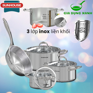 Bộ nồi chảo đa lớp nguyên khối siêu bền inox304 đáy liền sunhouse shg808