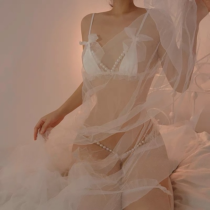 SET74 - Bộ đồ lót gồm áo ngực và quần lót lọt khe phối ren xâu hạt phong cách babydoll gợi cảm - cochunhoquan11