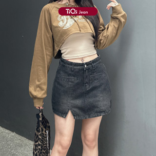 Chân váy jean đen xẻ trước TiQi Jeans V1-293