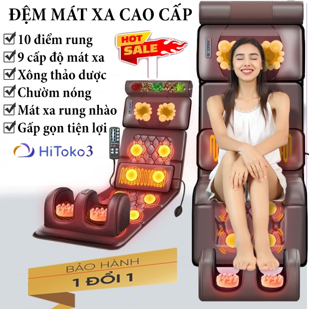 Đệm Mát Xa Toàn Thân 9 Cấp Độ, Nệm Massage Lưng Kèm Gối Thảo Mộc và Massage Chân, Thảm Mát Xa Lưng