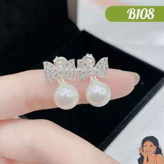 B108 Bông tai tòn ten nơ hột bẹt đính đá Bạc thật Thiên Cát s950
