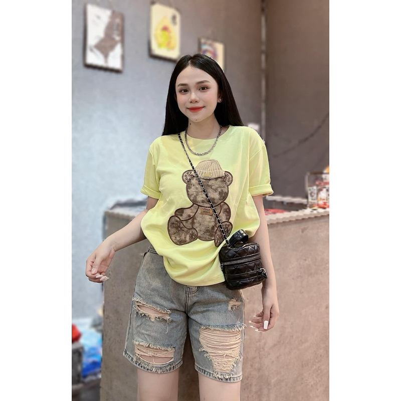 Set áo thun quần jean nữ hình gấu thêu đẹp Qc