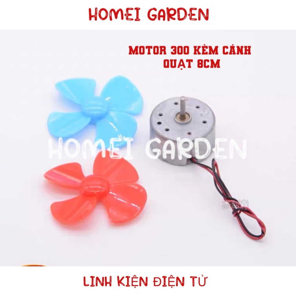 Motor mini 300 kèm cánh quạt mini 4 cánh 8cm dùng để chế quạt, đồ chơi, DIY mô hình Steam - HM0237