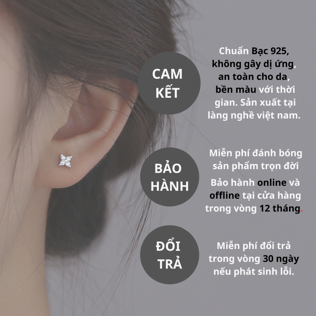 Bông tai bạc nữ Phúc Minh Jewelry khuyên tai cỏ bốn lá đính đá chiếc chất liệu bạc 925 trang sức nữ