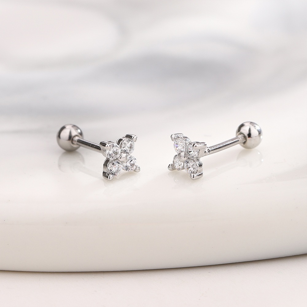 Bông tai bạc nữ Phúc Minh Jewelry khuyên tai cỏ bốn lá đính đá chiếc chất liệu bạc 925 trang sức nữ
