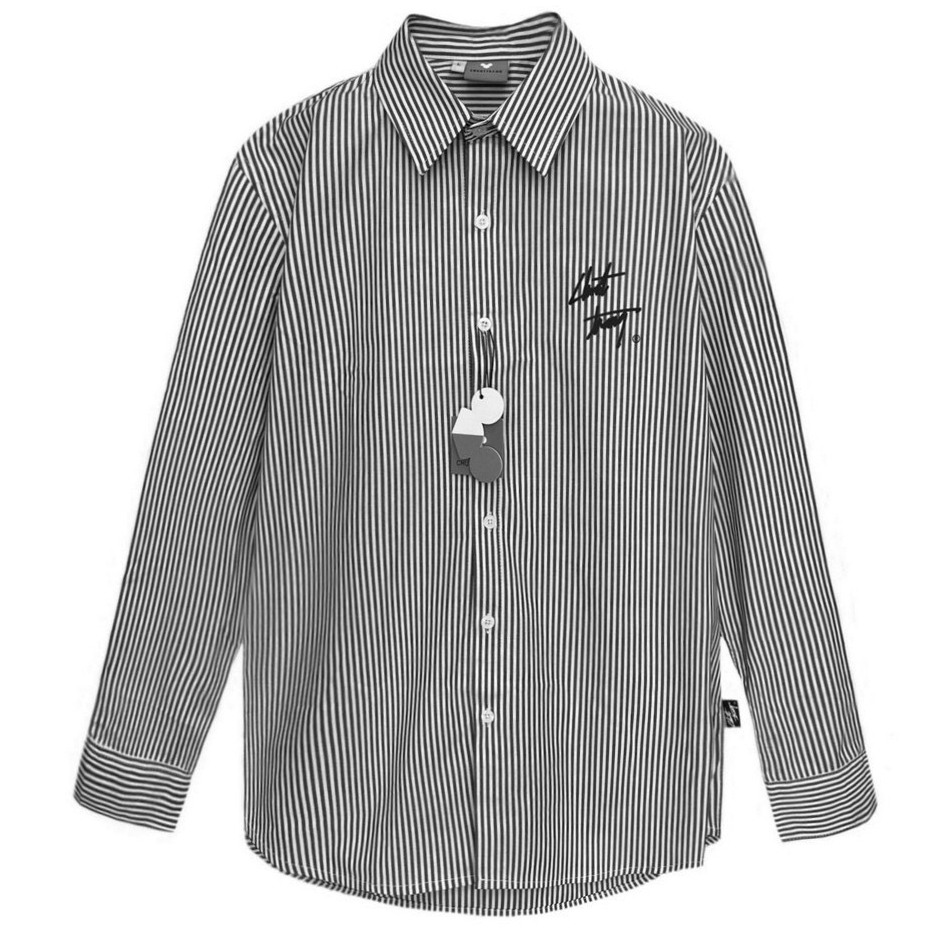Áo Sơ Mi Sọc Xám Dài Tay Thêu Chữ Ký Chuột Trắng Chất Liệu Cotton Pha Lụa Cao Cấp
