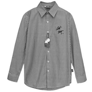 Áo Sơ Mi Sọc Xám Dài Tay Thêu Chữ Ký Chuột Trắng Chất Liệu Cotton Pha Lụa Cao Cấp