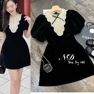 váy nhung phối viền đá tay bồng siêu xinh