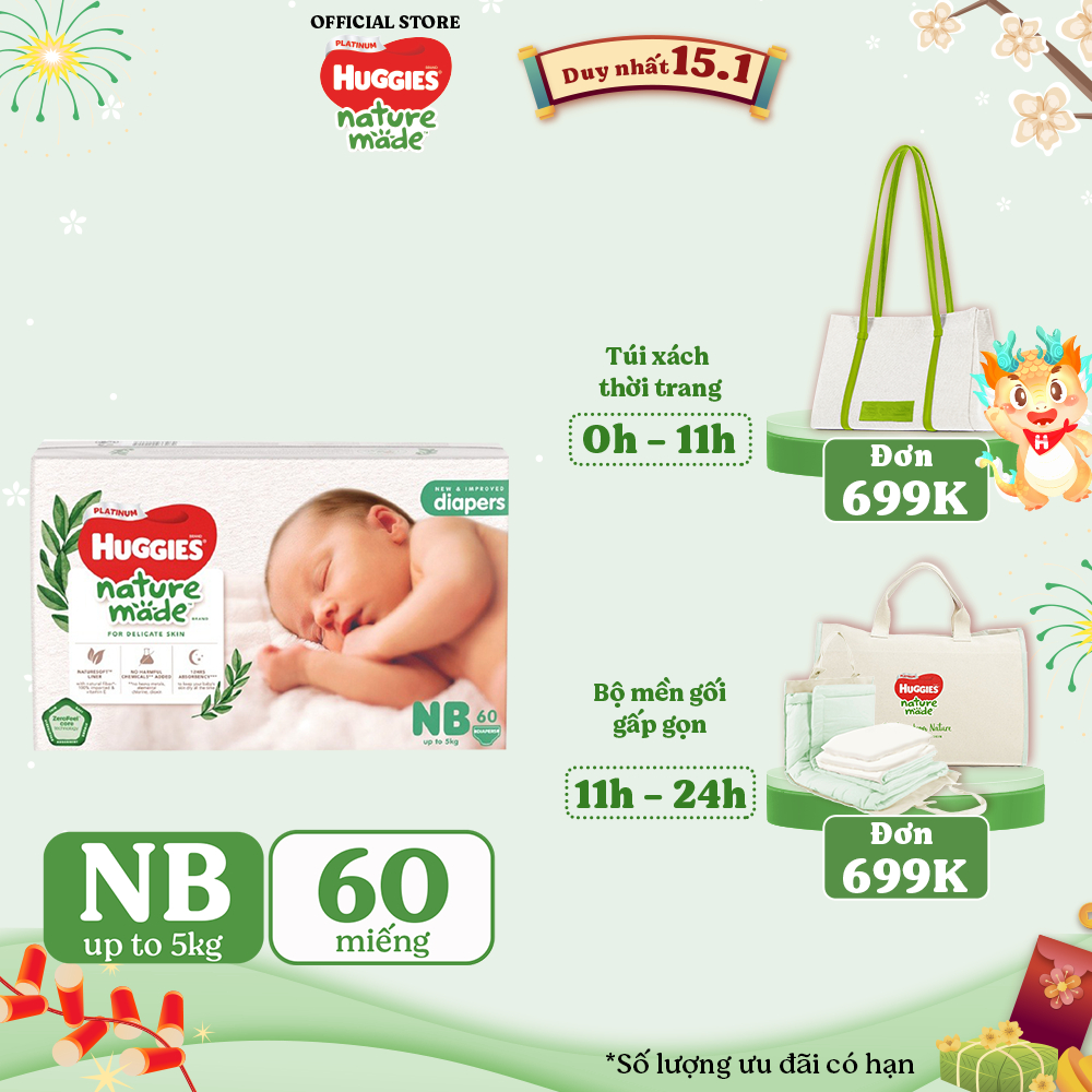 Tã Dán Huggies Platinum Nature Made Size NB60/S82/M64/L54/XL44/XXL36