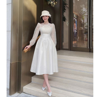 Đầm Nữ 𝐂𝐂𝐇𝐀𝐓 Phối Lưới Jisoo Dáng Xòe Chất Taffta Cao Cấp 23VDB8011XT