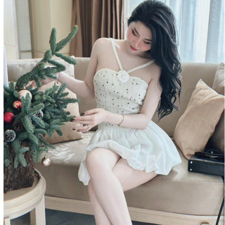 Đầm hai dây cổ yếm dáng xoè bí phối màu cực xinh cho nữ đi chơi dự tiệc sang chảnh cực đẹp phong cách tiểu thư