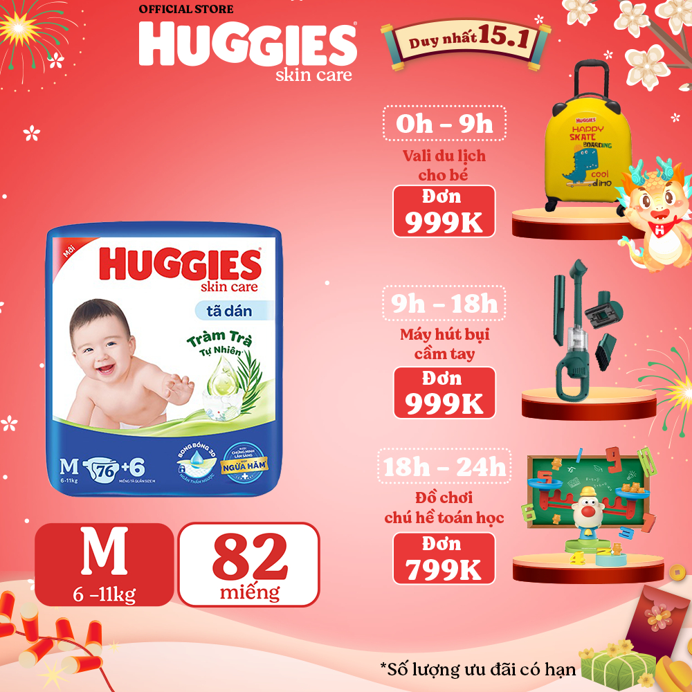 Tã dán Huggies Skincare Super Jumbo M76+3/ L68/ XL60/ XXL54