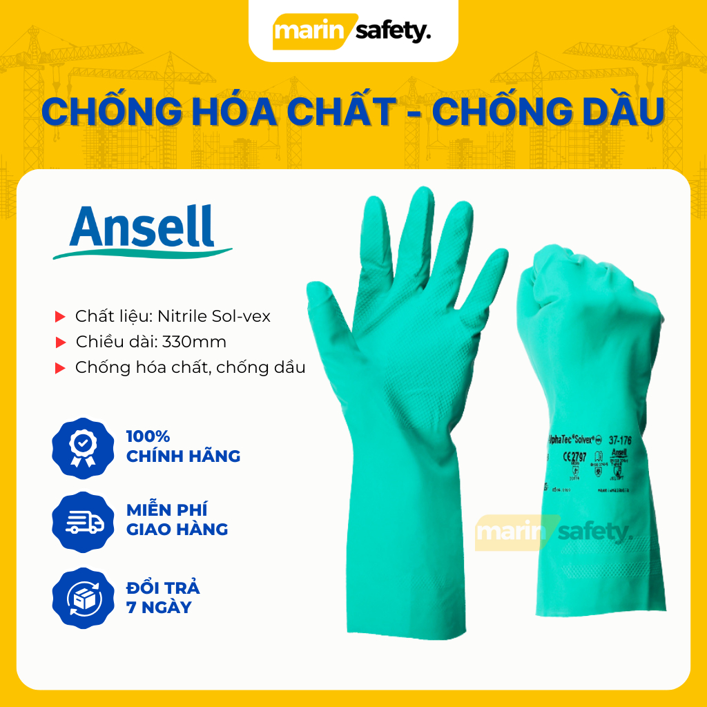 Găng tay chống hóa chất Ansell 37-176, phủ nitrile, bao tay chống dầu nhớt, chống nước, chống dầu