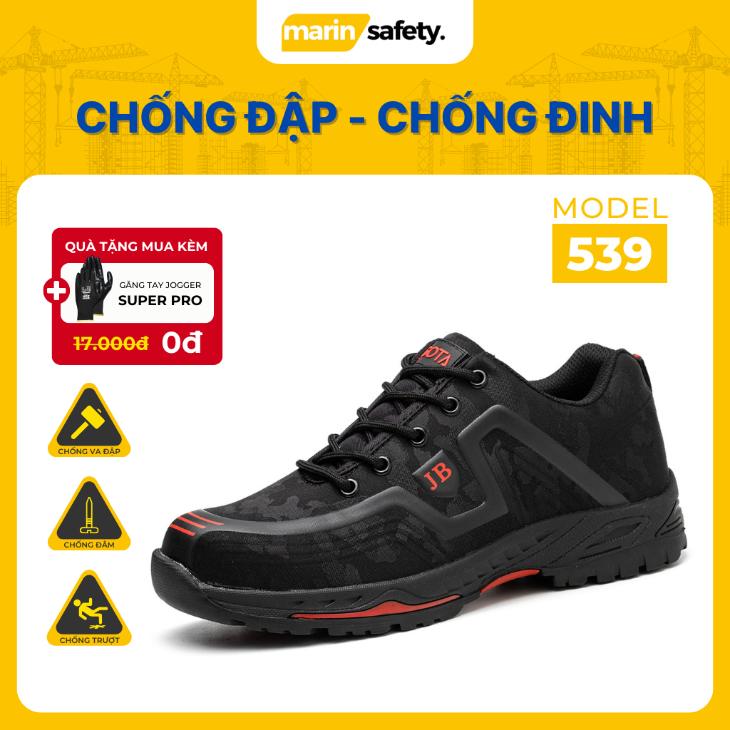 Giày bảo hộ lao động thể thao AGOTA JB539 siêu bền màu đen, có mũi thép chống va đập, đế lót thép chống đâm xuyên