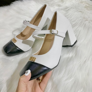 (TĂNG 1 SIZE) Giày Gót Vuông Lolita Phối Màu Gắn Chữ Miu Cao 7 Phân Hàng Loại 1 đi đúng size