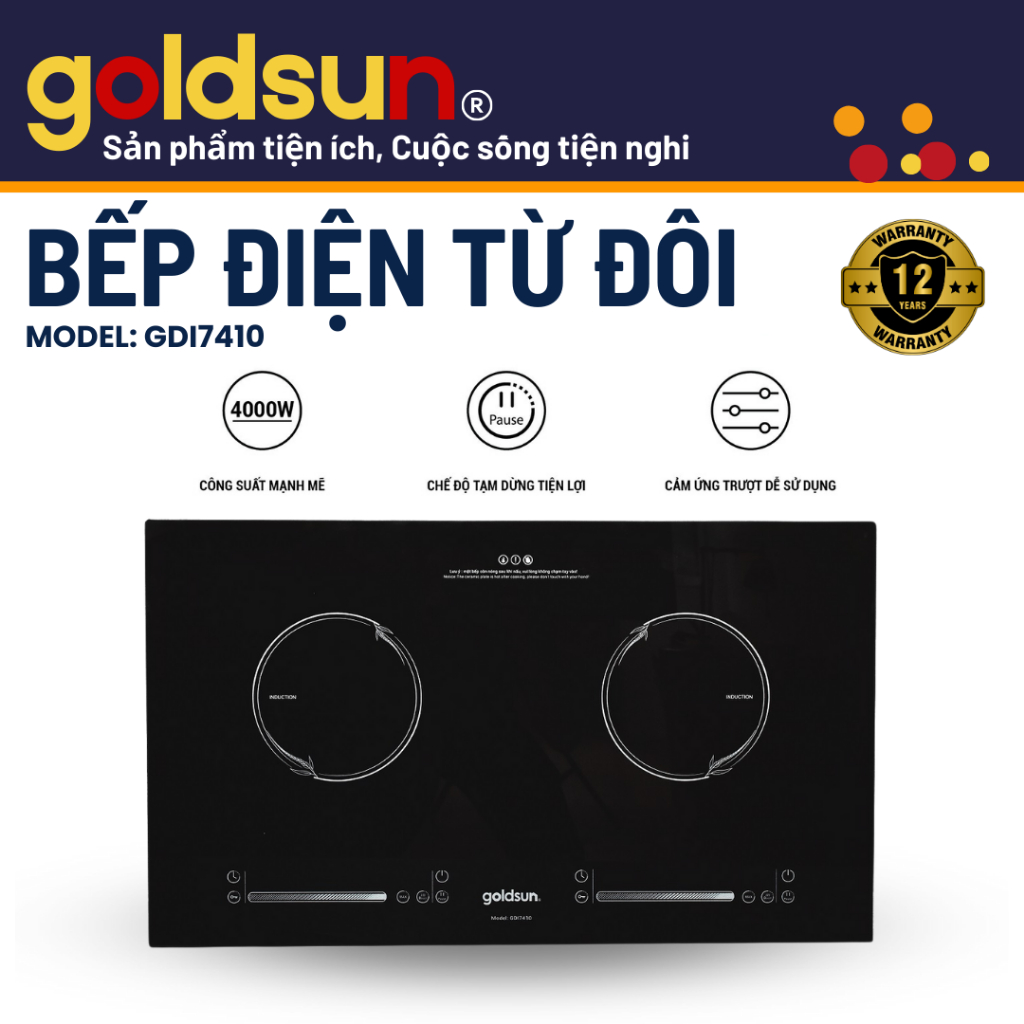 Bếp điện từ đôi Goldsun GDI7410 mặt kính chịu lực màn hình LED cảm ứng thông minh 4000W có khóa trẻ em an toàn