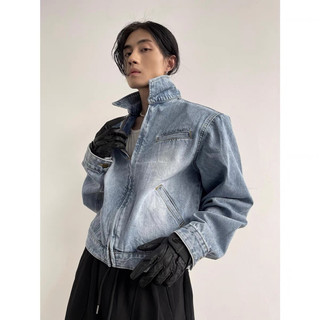 Áo denim jacket khoá kéo xanh wash TENPO