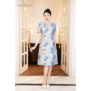 Đầm dáng suông LALULILL hai lớp gấm hoa xanh LDL2326002