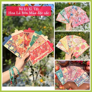 [Bộ Hoa Lá] Sét 12 Bao Lì Xì Tết thiết kế đặc sắc - Hình Hoa Lá Bốn Mùa - Giấy C150 cán mờ in sắc nét