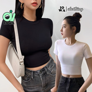 Áo croptop tay ngắn cổ tròn trơn chất thun gân, áo thun ôm body kiểu basic nữ đẹp tôn dáng iowa