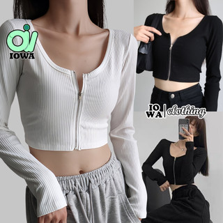 Áo croptop tay dài dây kéo ngực cổ vuông chất thun gân, áo thun kiểu sexy nữ ôm body đẹp tôn dáng iowa