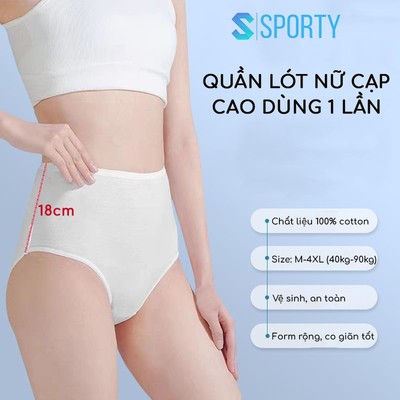 Quần lót nữ cạp cao 100% cotton dùng 1 lần SPORTY 2 lớp đáy an toàn, dùng đi du lịch, mẹ bầu đi sinh