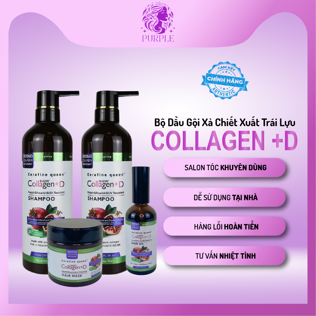 Dầu gội xả dưỡng tóc siêu mượt, phục hồi tóc khô xơ rối Hương Lựu Keratin Queen-Super Collagen+D hương thơm lâu tóc mượt