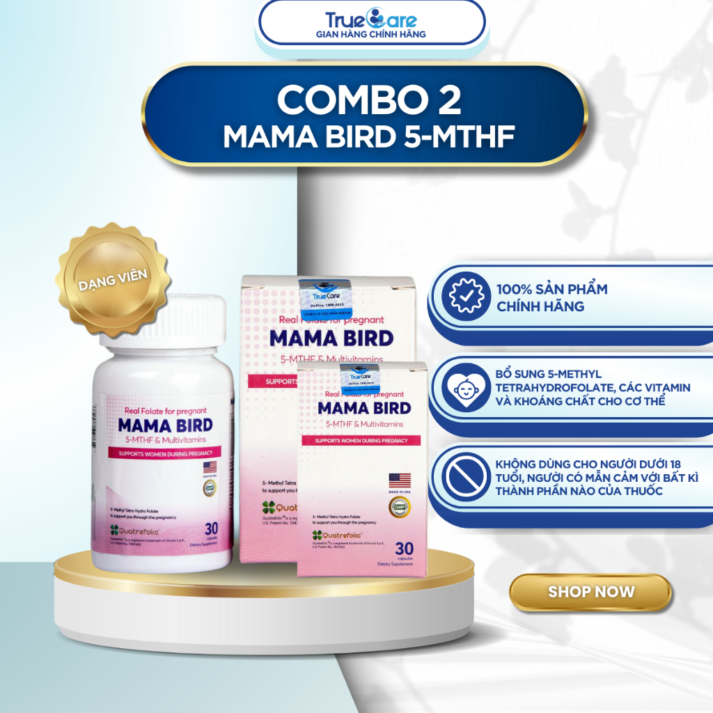 [COMBO 2] Sản Phẩm Mama Bird 5MTHF Hỗ Trợ Vô Sinh Hiếm Muộn, tăng thụ thai, hấp thụ canxi| Dược phẩm TRUECARE