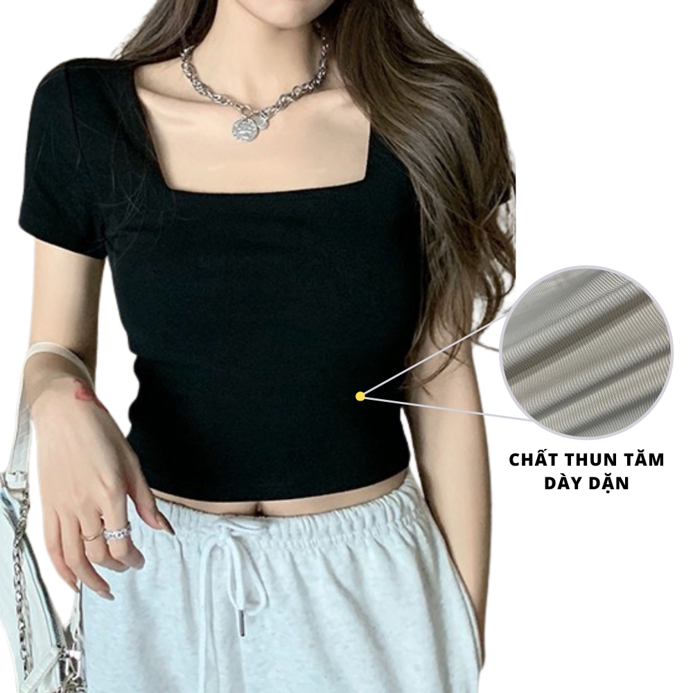 Áo Croptop Ngắn Tay Cổ Vuông Dáng Ôm Madela Thun Dày Dặn, Croptop Cổ Vuông Màu Trơn Phong Cách Trẻ Hàn Quốc