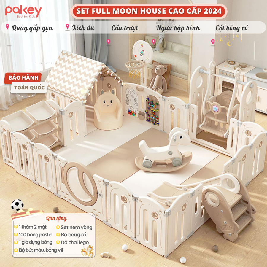 Set quây cũi nhựa Pakey Moon House 2024 full chi tiết, Quây cũi cho bé yêu màu nâu be hiện đại, bảo hành 1 năm
