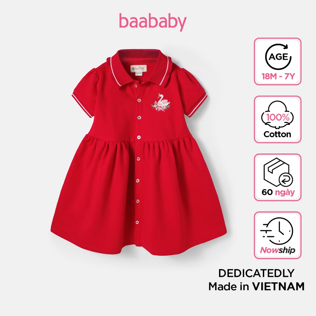 Đầm bé gái, đầm váy polo cho bé gái, váy bé gái cotton thêu họa tiết từ 1 tuổi - 7 tuổi Baa Baby - B-GT-AD04N