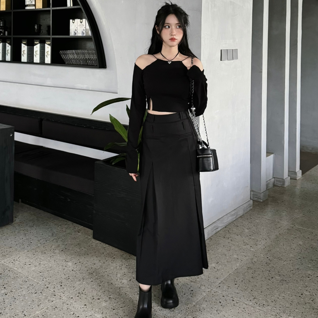 MORSELA® chính hãng -  Áo croptop nữ kiểu tay dài CERES form ôm khoét vai xẻ tà phong cách cá tính