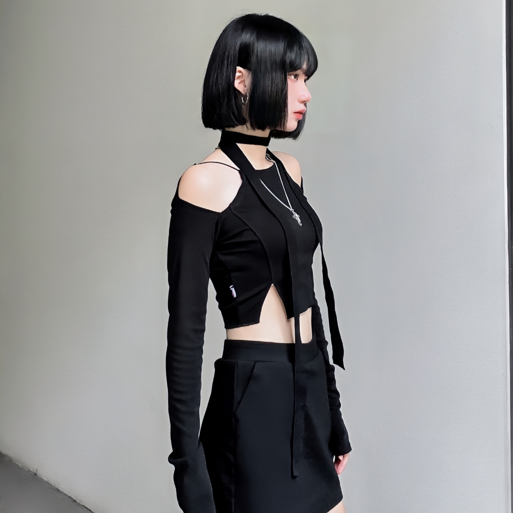 MORSELA® chính hãng -  Áo croptop nữ kiểu tay dài CERES form ôm khoét vai xẻ tà phong cách cá tính