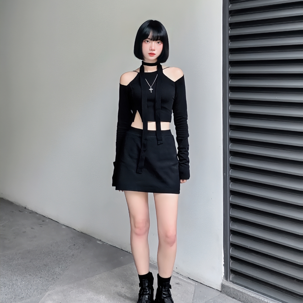 MORSELA® chính hãng -  Áo croptop nữ kiểu tay dài CERES form ôm khoét vai xẻ tà phong cách cá tính