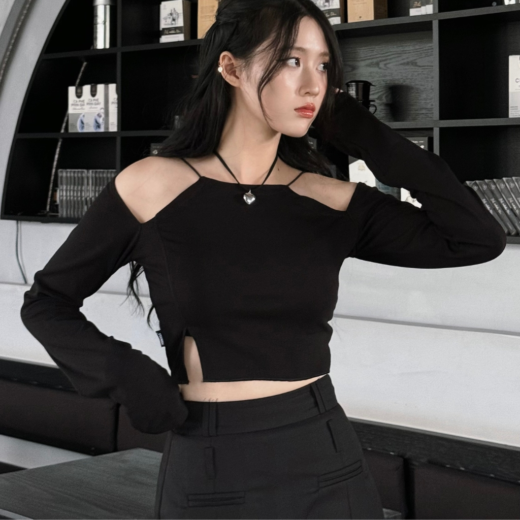 MORSELA® chính hãng -  Áo croptop nữ kiểu tay dài CERES form ôm khoét vai xẻ tà phong cách cá tính