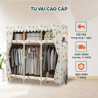 Tủ quần áo 3 buồng 6 ngăn cỡ lớn loại 1, tủ vải khung gỗ không ẩm mốc mục gỗ có bảo hành