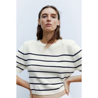 H&M Đức - Áo len croptop ngắn tay ngắn sọc ngang cổ tròn màu kem sale auth new tag cao cấp chính hãng có sẵn 1210593002