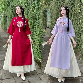Set áo dài cách tân thêu hoa nổi kèm chân váy midi