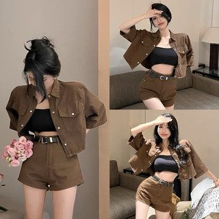 Set áo khoác jean mix quần short cạp cao nâu