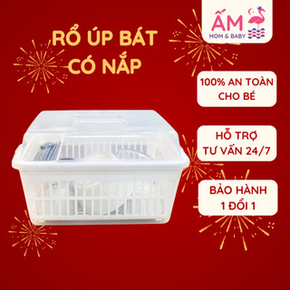 Khay úp bát ăn dặm cho bé - giá úp bát có nắp đậy kèm rãnh thoát nước ấm baby - kệ úp bát - hộp úp bát đĩa