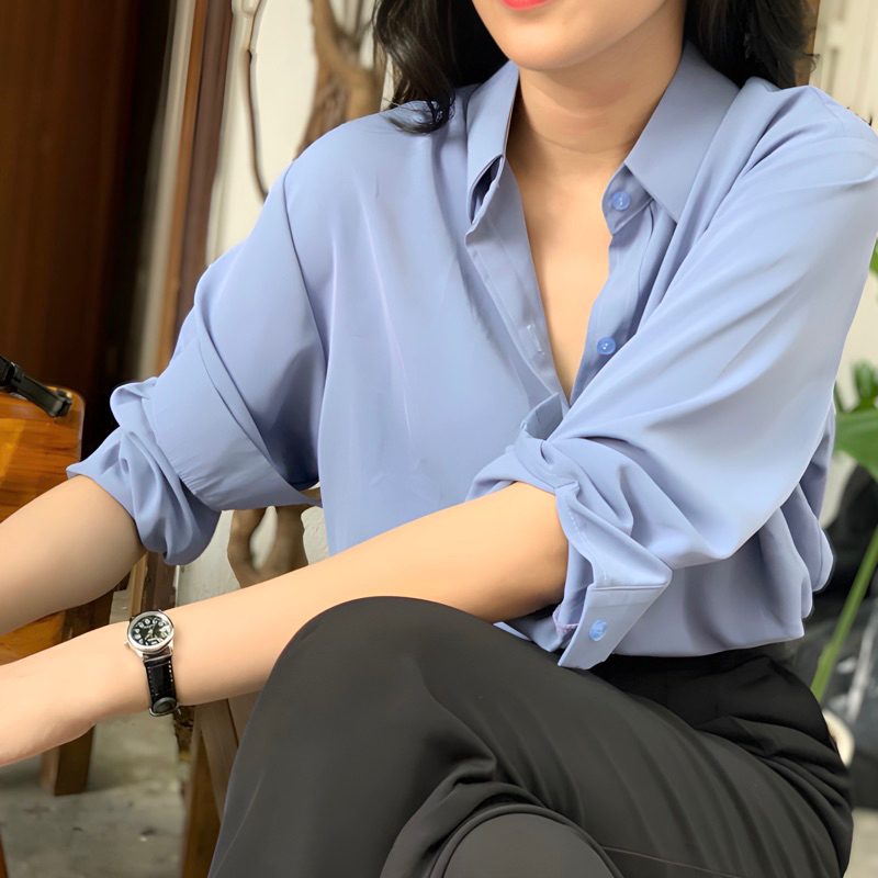 Áo sơ mi nữ công sở màu xanh dài tay form rộng chất mát mịn không nhăn AAS442