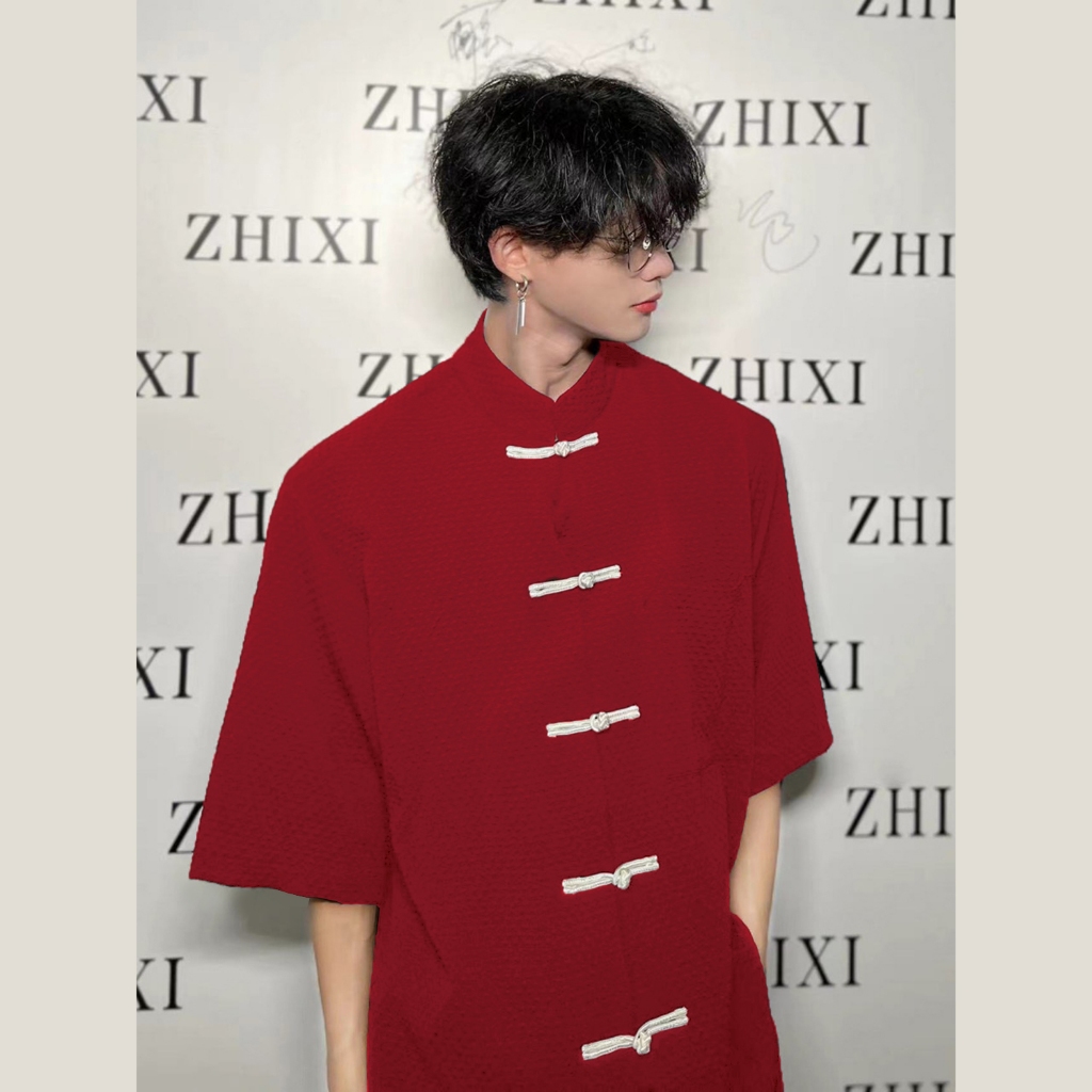  Áo Shanghai vải Tổ Ong Nút tàu Trắng form unisex thích hợp dịp Tết - Màu Đỏ đô đen trắng 