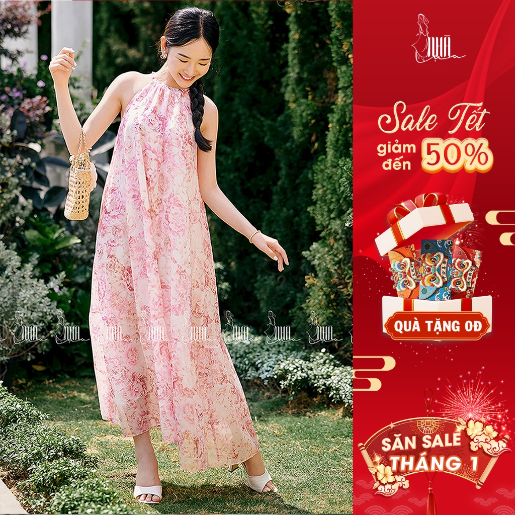 Váy hoa maxi đi biển Hạ Thảo cô yếm tiêu thư Nhà Lụa,thiết kế yếm dáng dài form rộng họa tiết hoa đi du lịch V05