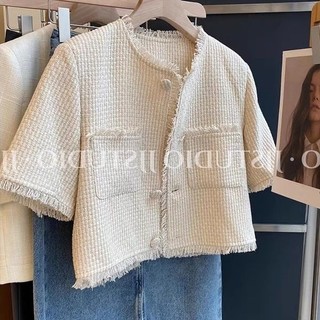 Mã07_Áo blazer nữ ngắn tay chất dạ tweed,áo khoác blazer ngắn tay chất dạ tweed viền tua rua phong cách Hàn quốc công sở