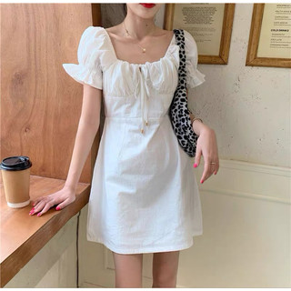 Váy trắng xoè ulzzang đan dây đầm tiểu thư xinh đáng yêu|Váy bánh bèo trễ vai tay phồng